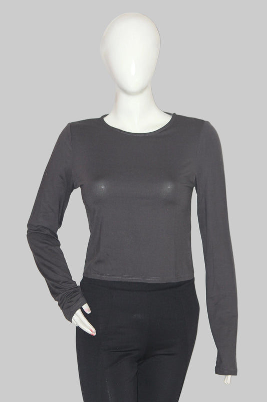 Thriftyfy Grey Full Sleeve Crop Top for Women – Medium