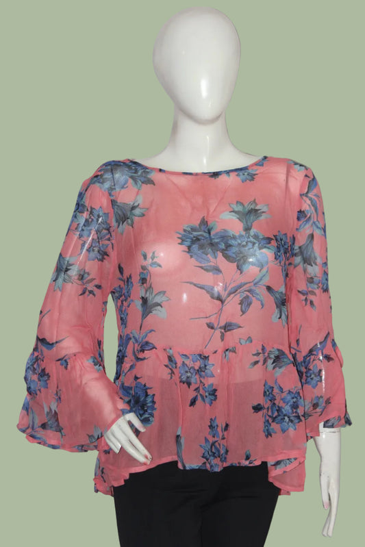 Phase Eight Pink Floral Full Sleeve Crop Top for Women – Small