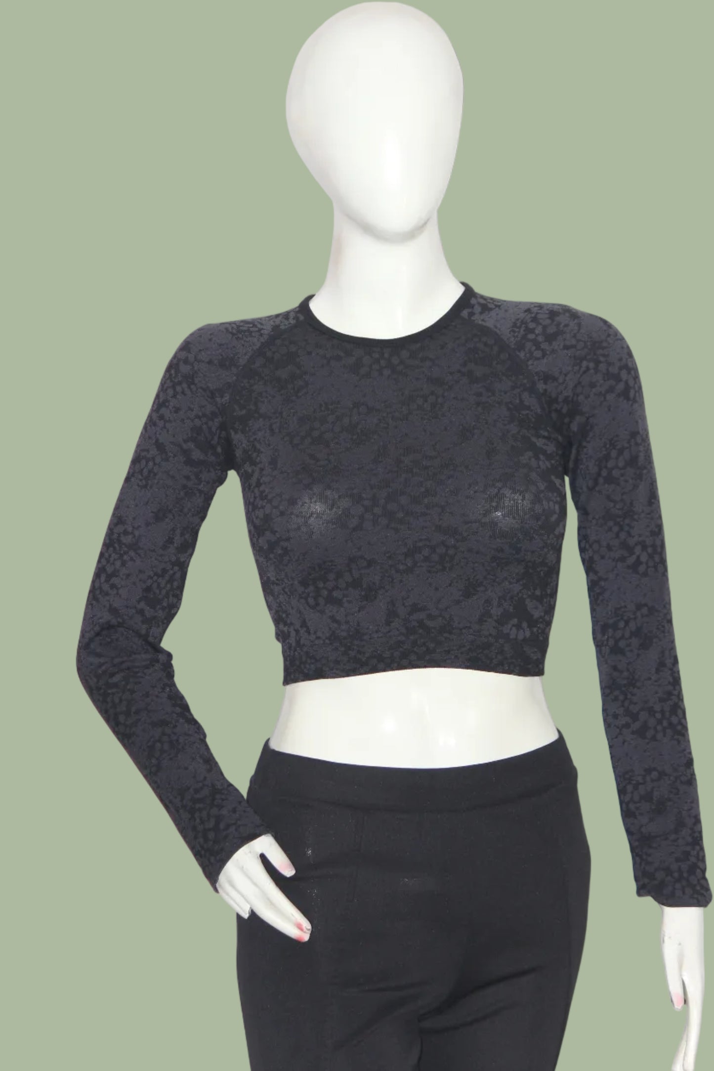 Primark Grey & Black Spotted Full Sleeve Crop Top for Women – XS