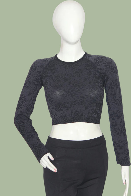 Primark Grey & Black Spotted Full Sleeve Crop Top for Women – XS