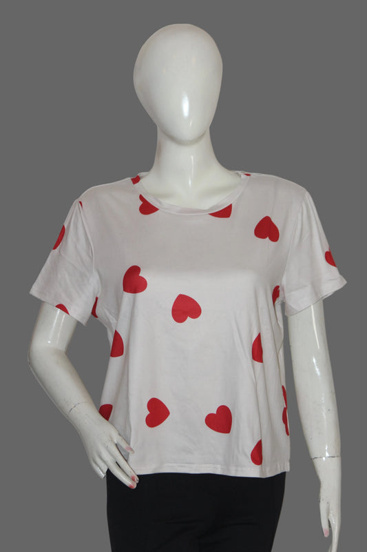 Thriftyfy Pink Crop Top with Red Heart Print for Women – Medium
