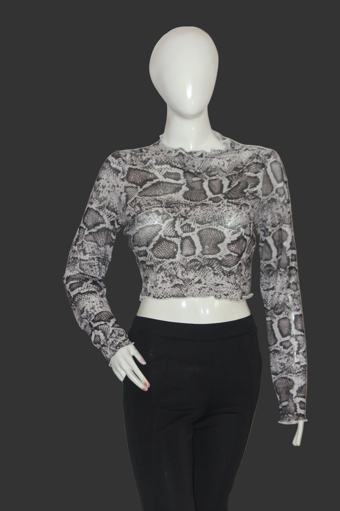 Shein Brown Snake Skin Print Full Sleeve Crop Top for Women – Large