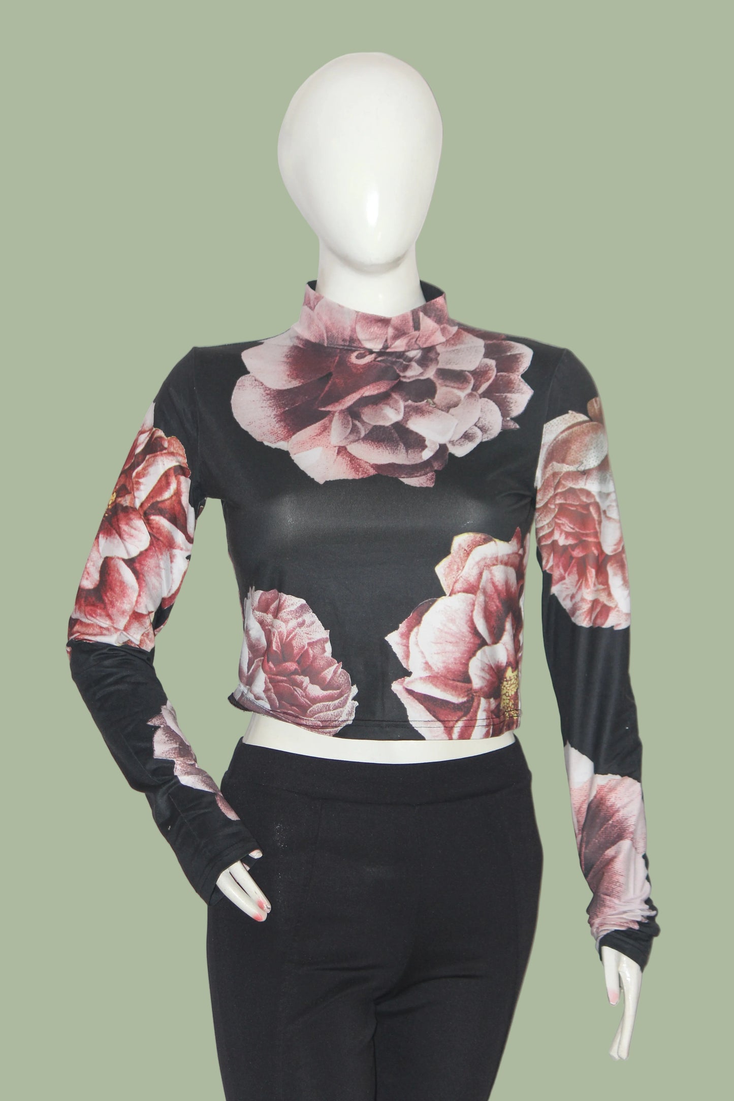 Oygene Black Crop Top with Pink Rose Print for Women – XL