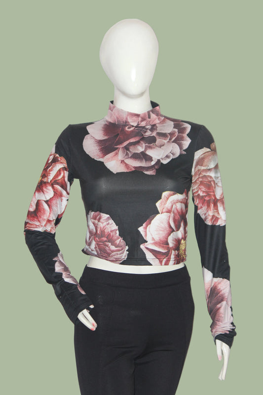 Oygene Black Crop Top with Pink Rose Print for Women – XL