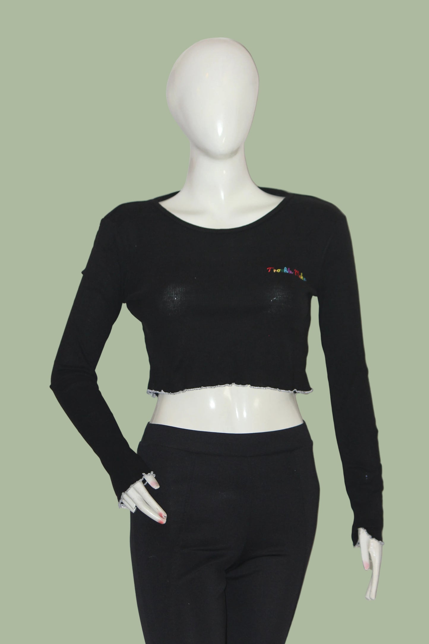 Select Black Full Sleeve Cotton Crop Top for Women – Medium