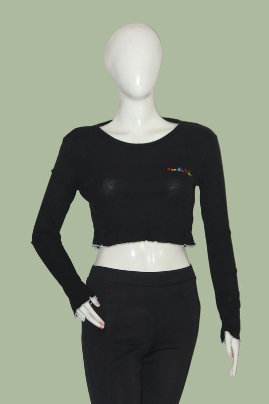 Select Black Full Sleeve Cotton Crop Top for Women – Medium