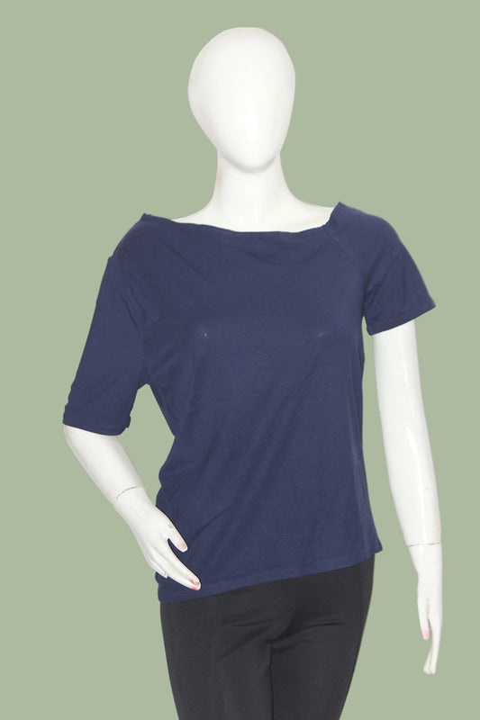 Nutmeg Navy Blue Half Sleeve Cotton Crop Top for Women – Medium