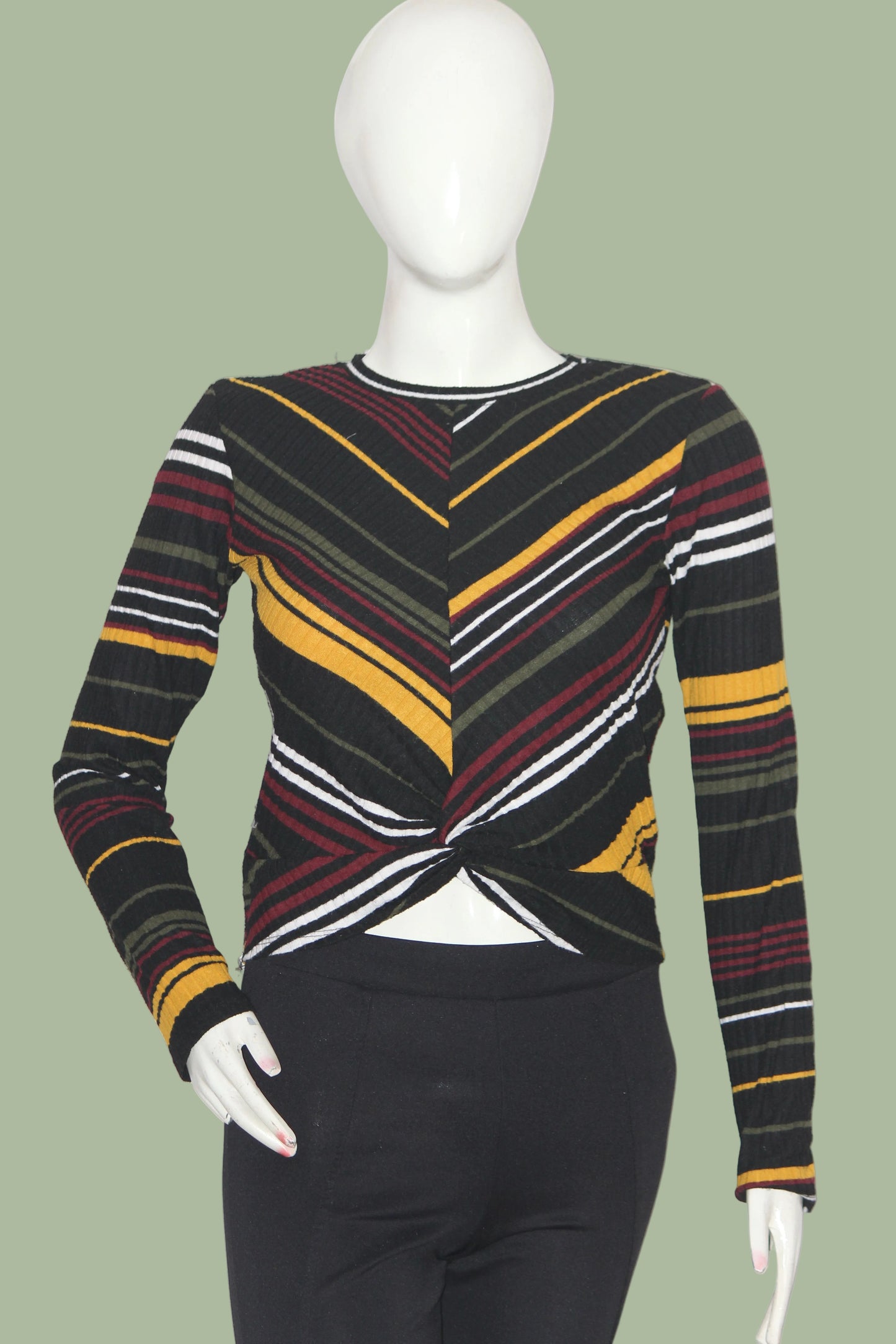 Bershka Black Multi-Stripe Full Sleeve Crop Top for Women – Small