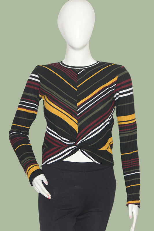Bershka Black Multi-Stripe Full Sleeve Crop Top for Women – Small