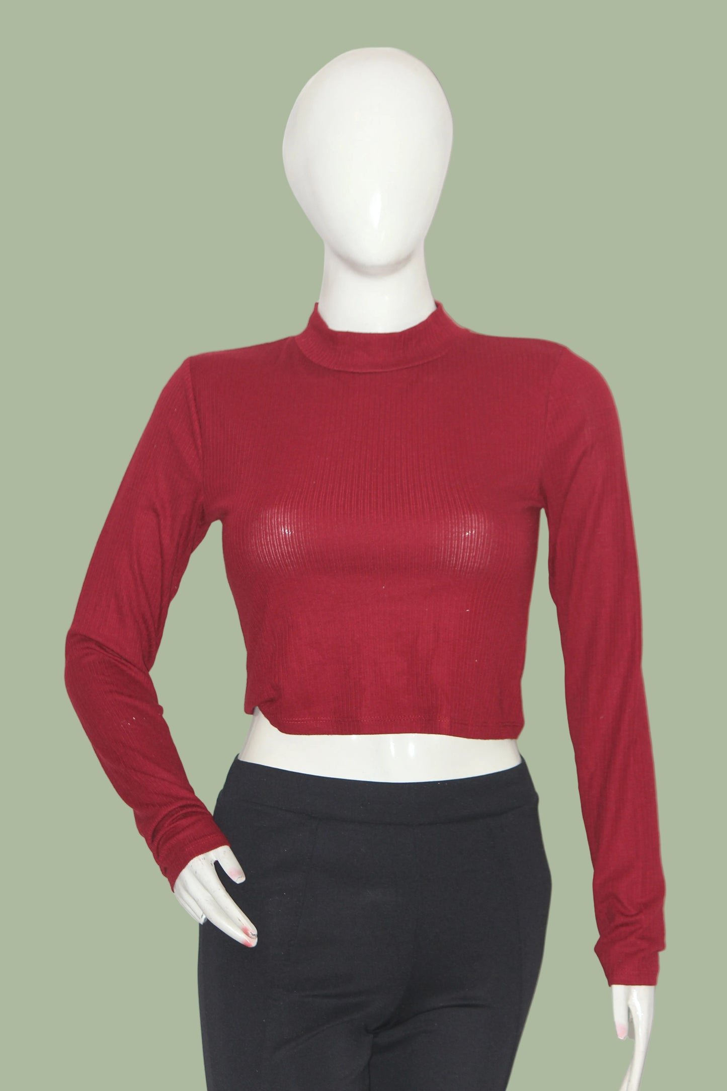 Primark Maroon Full Sleeve Crop Top for Women – Small