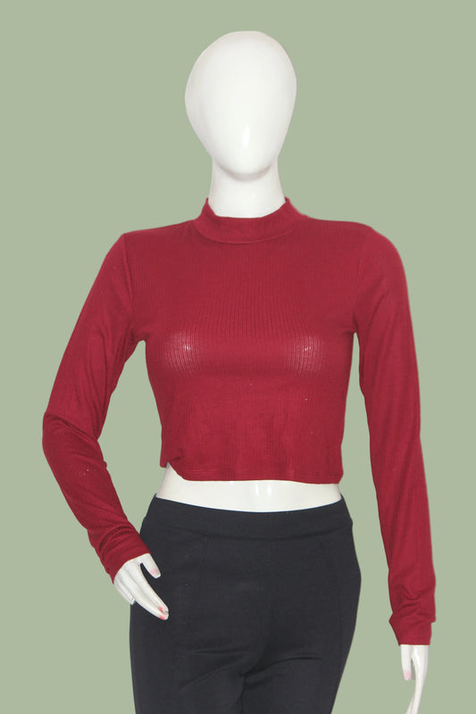 Primark Maroon Full Sleeve Crop Top for Women – Small