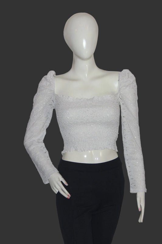 Topshop White Embroidered Full Sleeve Crop Top for Women – Small