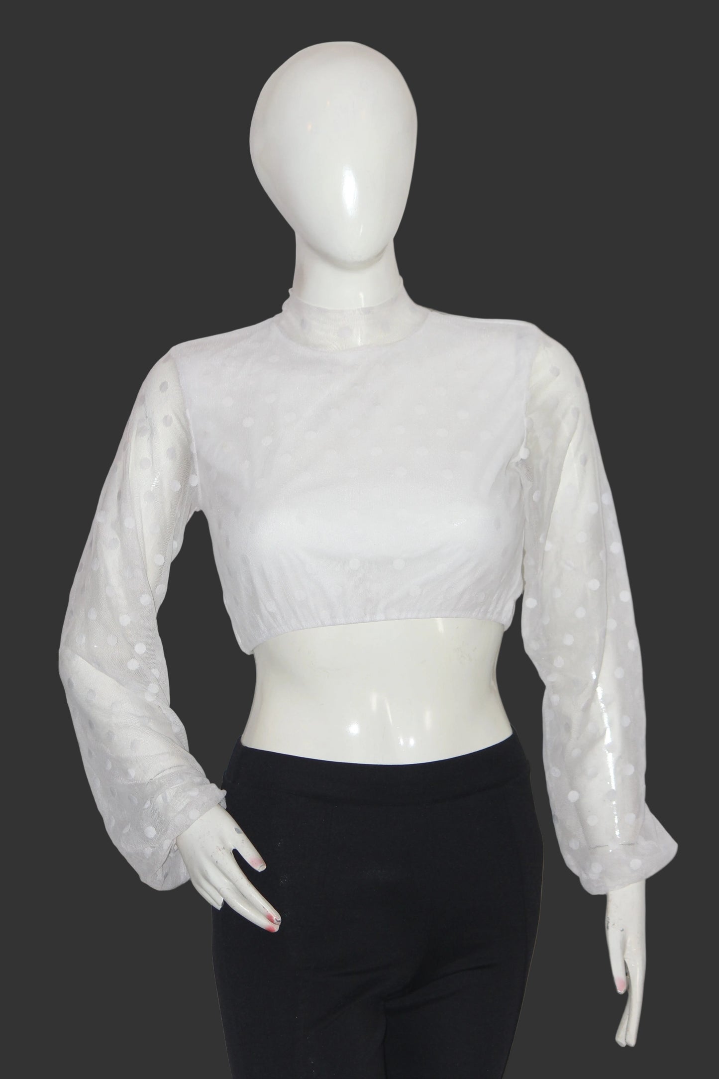 Stylewise White Full Sleeve Net Crop Top for Women – Small