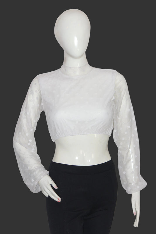 Stylewise White Full Sleeve Net Crop Top for Women – Small