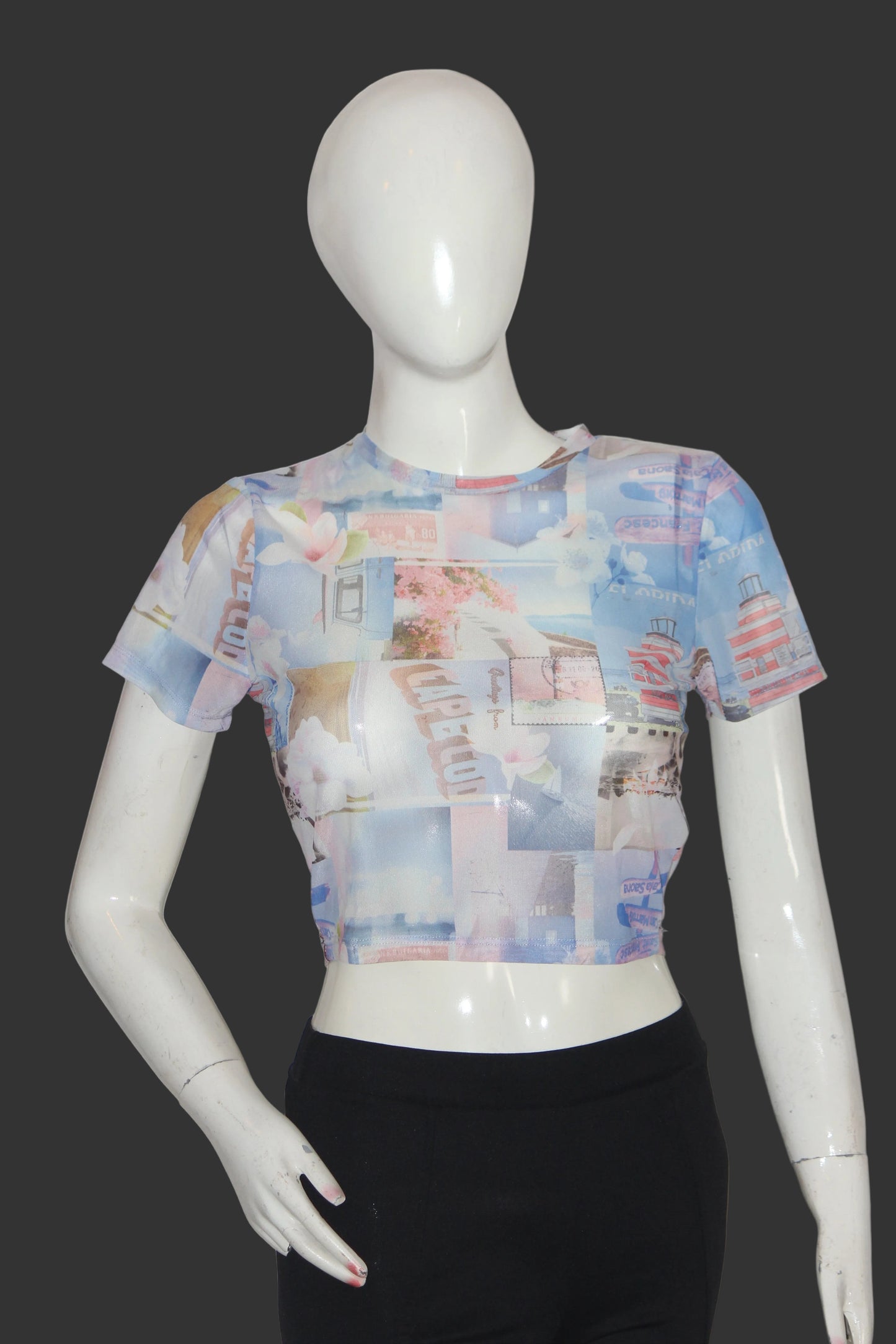 Primark Blue Printed Half Sleeve Crop Top for Women – Small