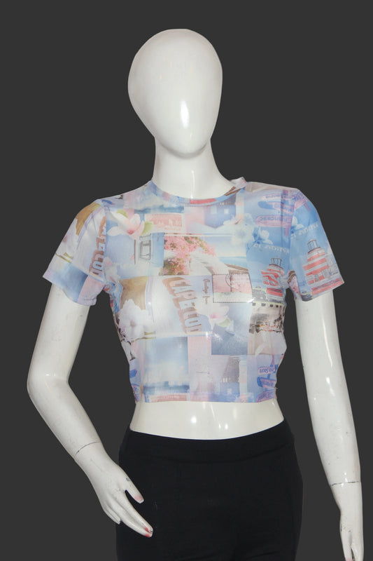 Primark Blue Printed Half Sleeve Crop Top for Women – Small