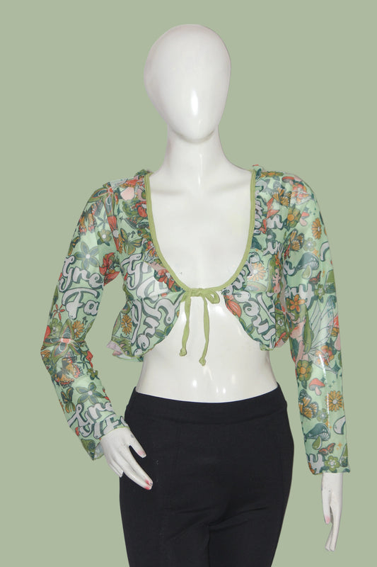 Romwe Green Floral Full Sleeve Crop Top for Women – XS