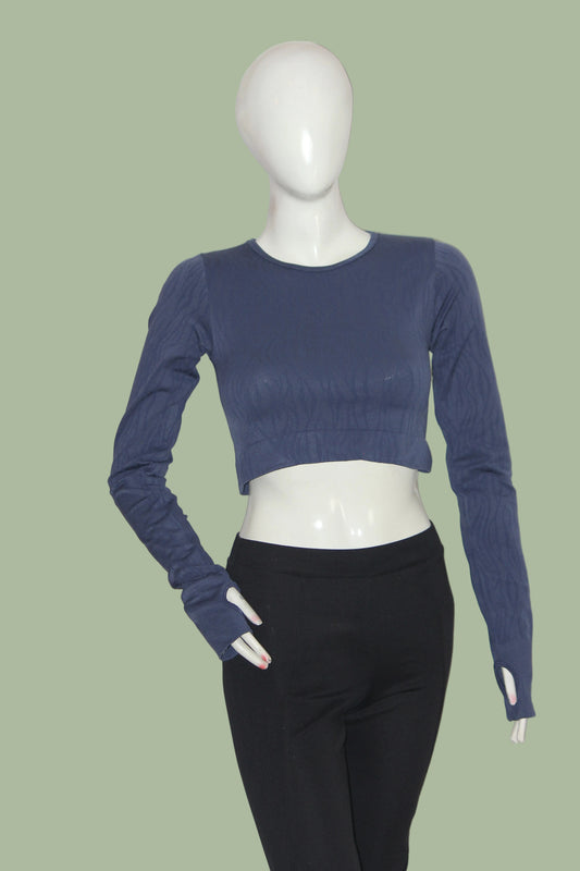Workout Blue Full Sleeve Crop Top for Women – Medium