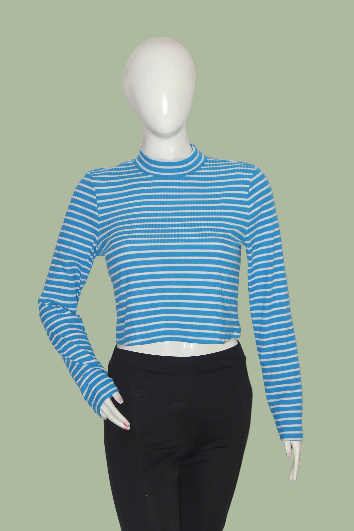 Primark Blue & White Striped Full Sleeve Crop Top for Women – Large