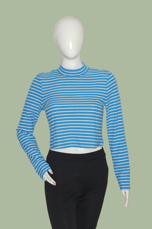 Primark Blue & White Striped Full Sleeve Crop Top for Women – Large