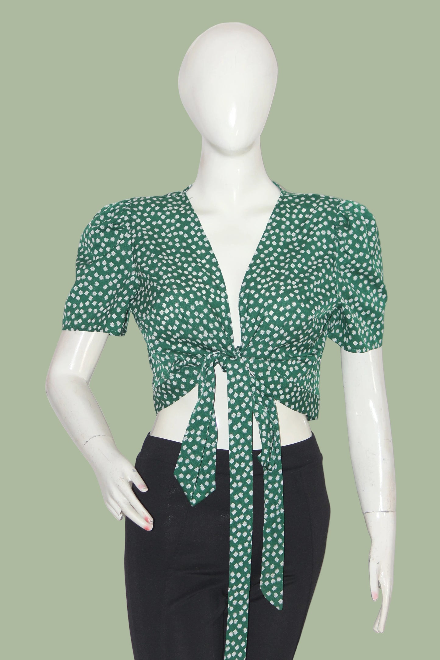 Shein Green Floral Half Sleeve Crop Top for Women – Large