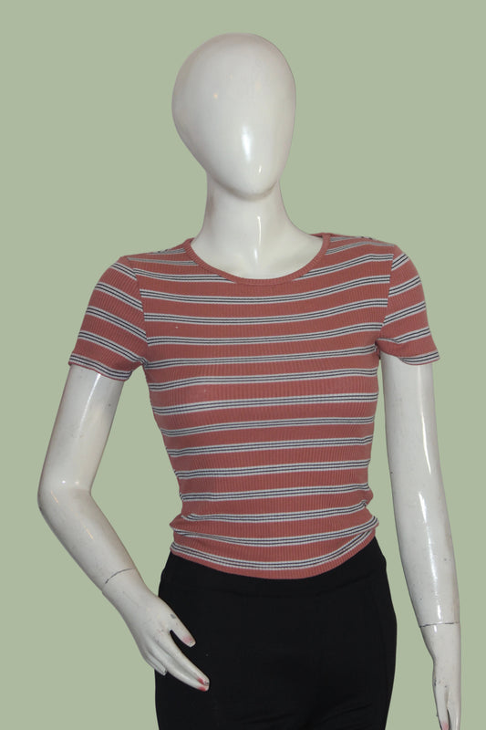 New Look Brown & White Striped Half Sleeve Crop Top for Women – Small