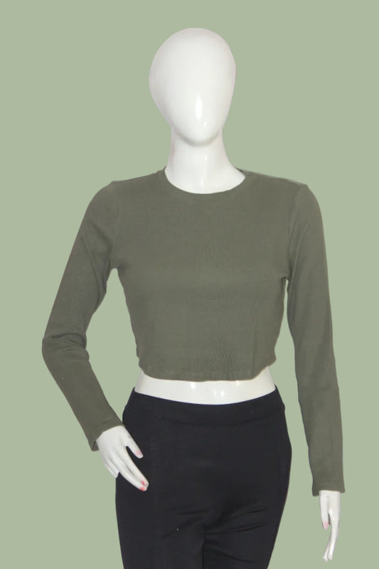 New Look Green Full Sleeve Cotton Crop Top for Women – Medium