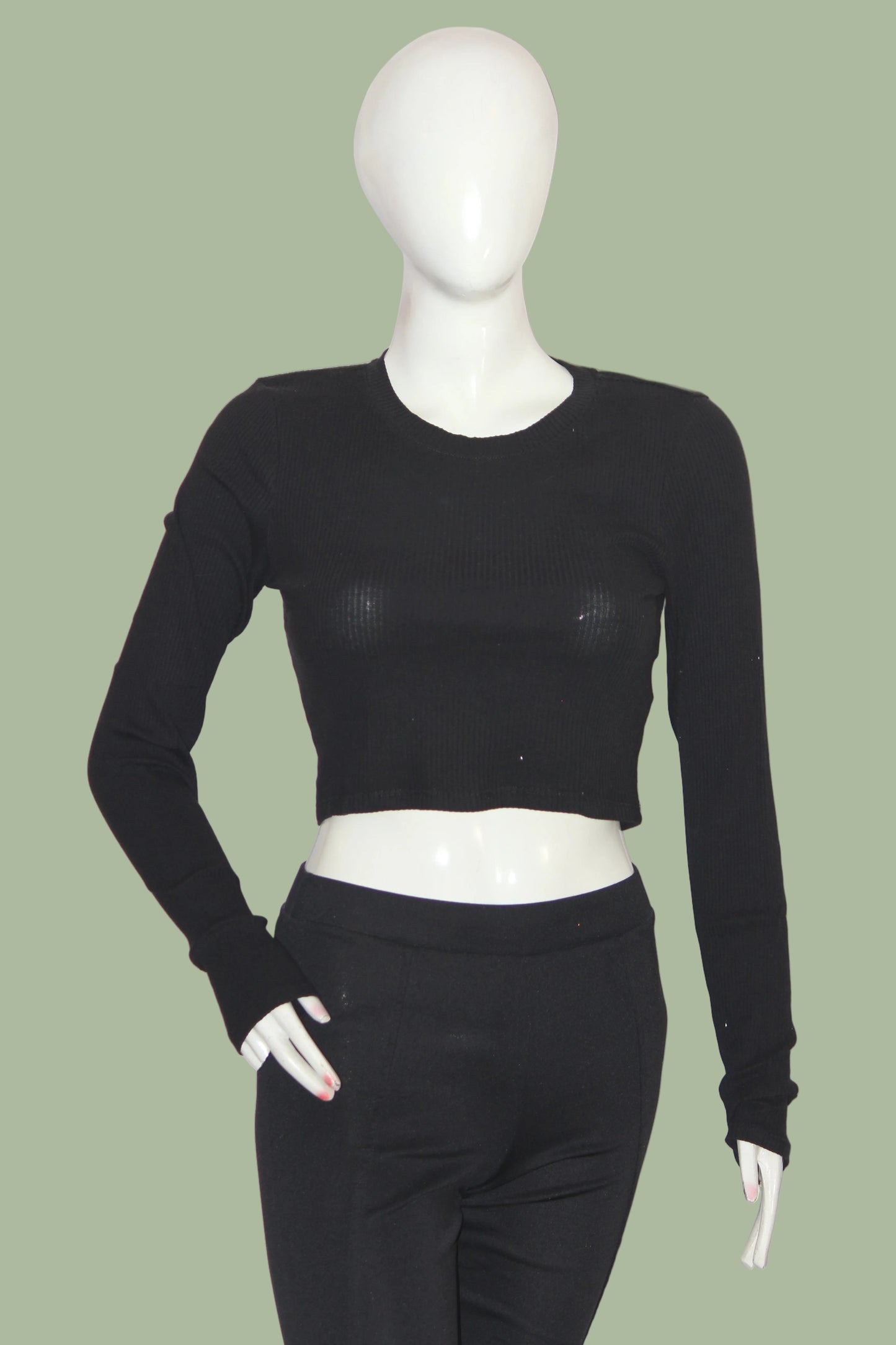 Monkl Black Full Sleeve Cotton Crop Top for Women – Medium