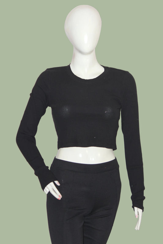 Monkl Black Full Sleeve Cotton Crop Top for Women – Medium