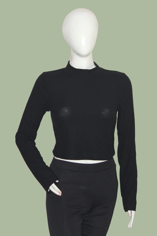 Primark Black Full Sleeve Crop Top for Women – Medium