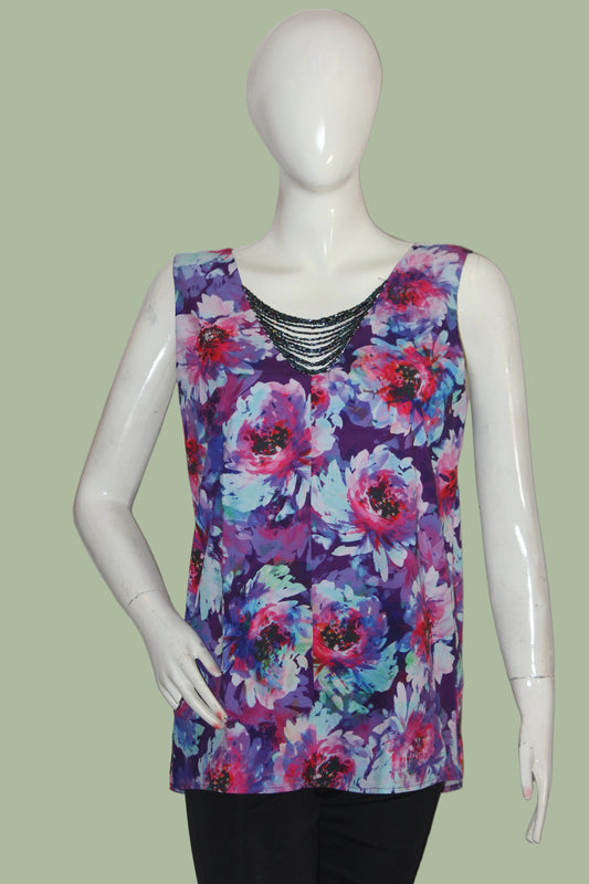 M&Co Purple & Red Floral Tank Top – Medium (Bold Statement)