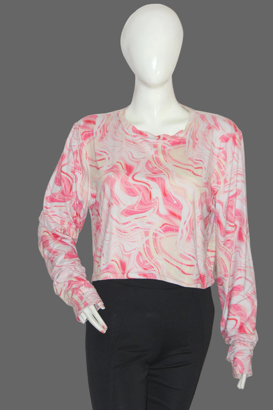 Loungeable White & Pink Full Sleeve Crop Top for Women – Large