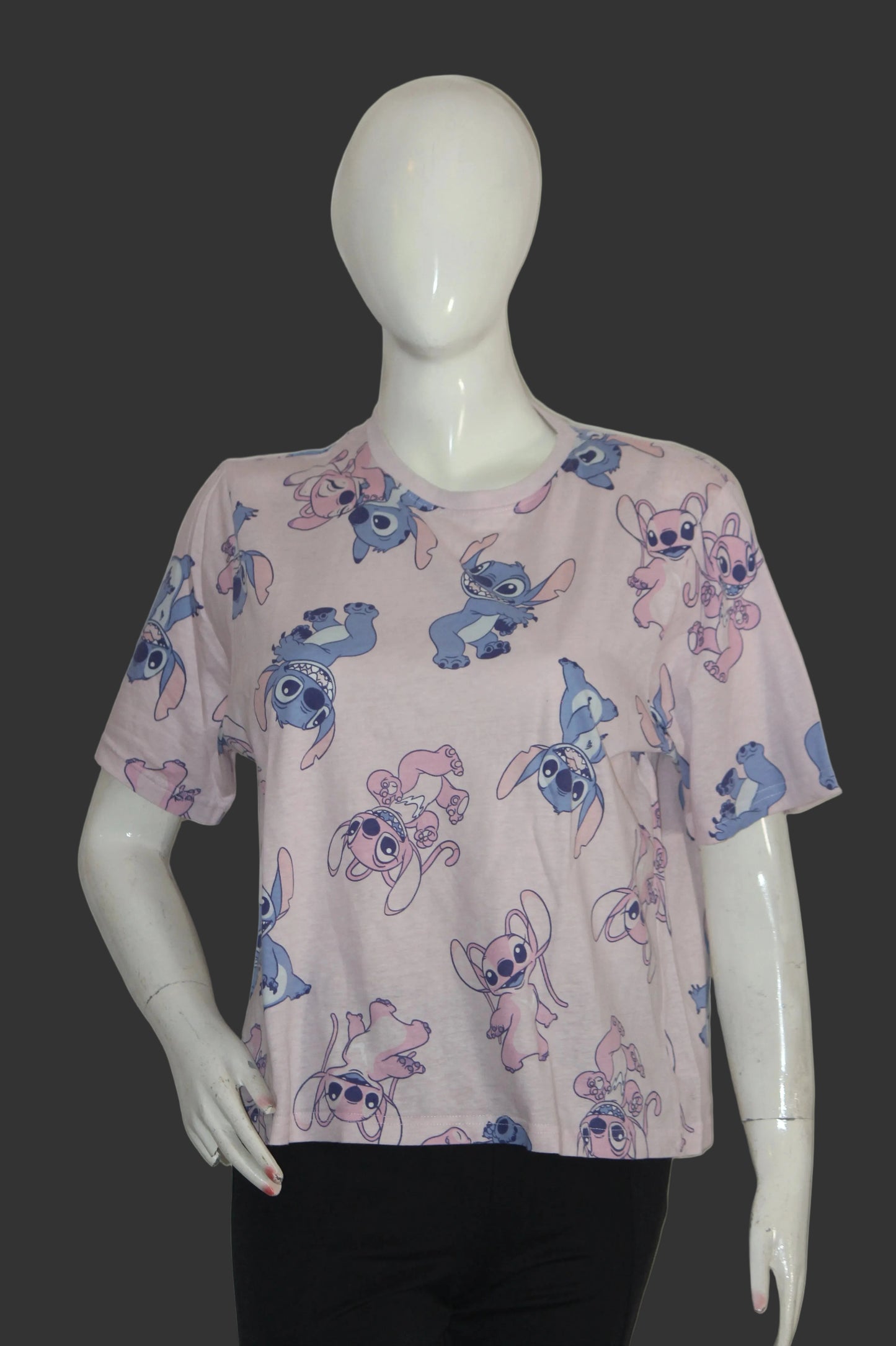 Stitch Pink Cartoon Print Half Sleeve Crop Top for Women – Medium