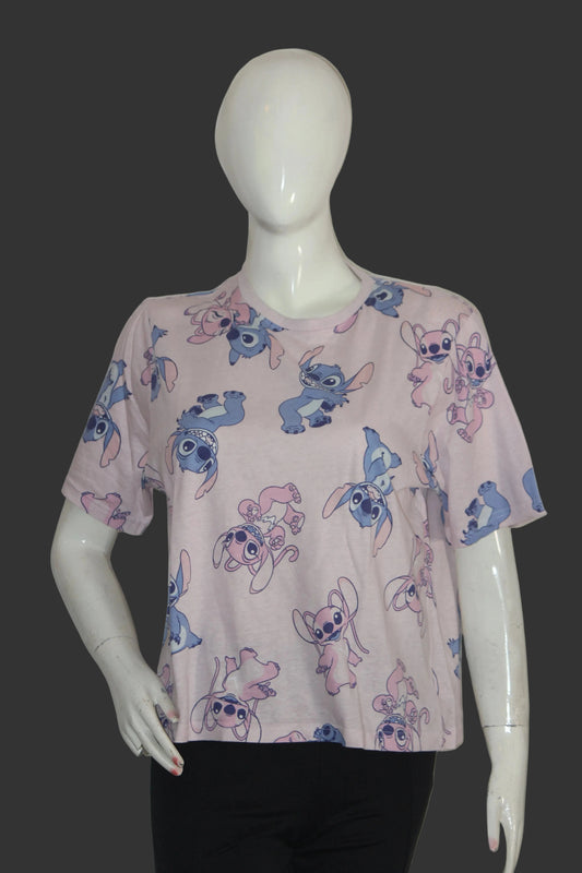 Stitch Pink Cartoon Print Half Sleeve Crop Top for Women – Medium
