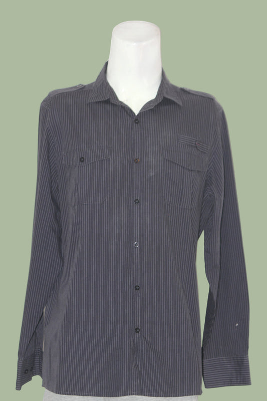 Black Full Sleeve Button-Down Shirt with Grey Stripes – F&F (Large)