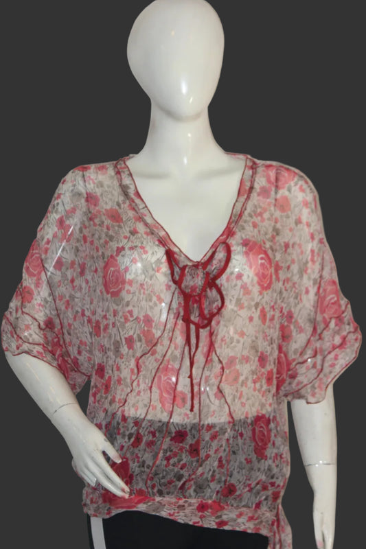 Netted Floral Red Blouse by Thriftyfy