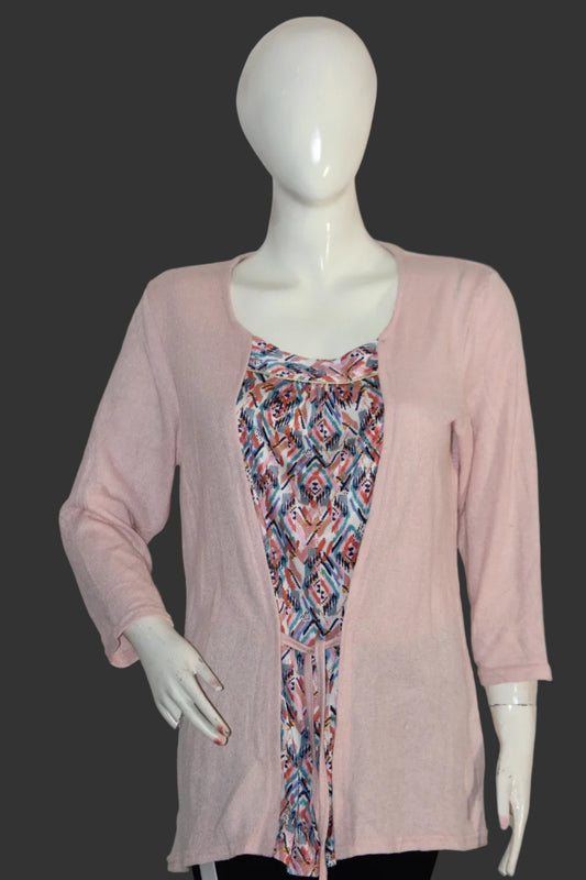 Afibel Pink Winter Blouse with Green, Blue, and Red Accents (Medium)