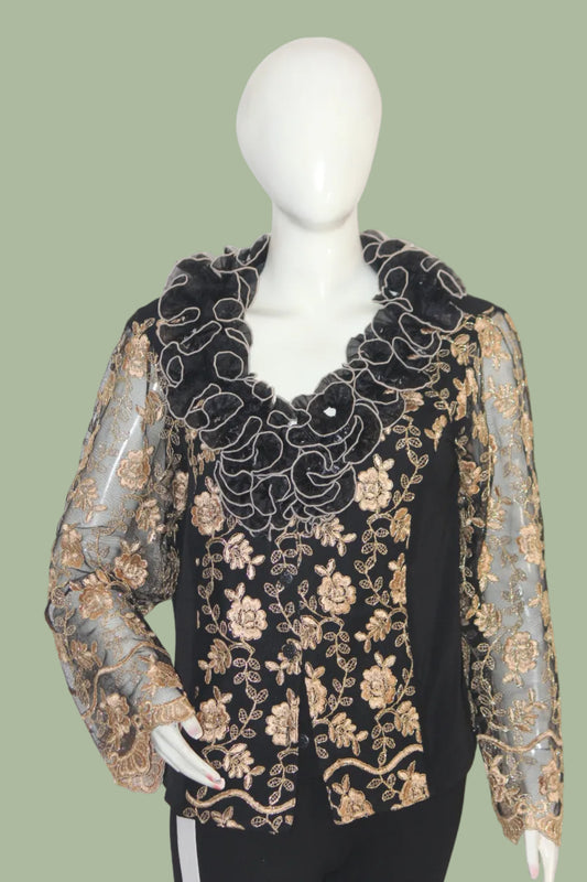 Infinity Black & Golden Embroidered Full Sleeve Blouse – Statement Piece