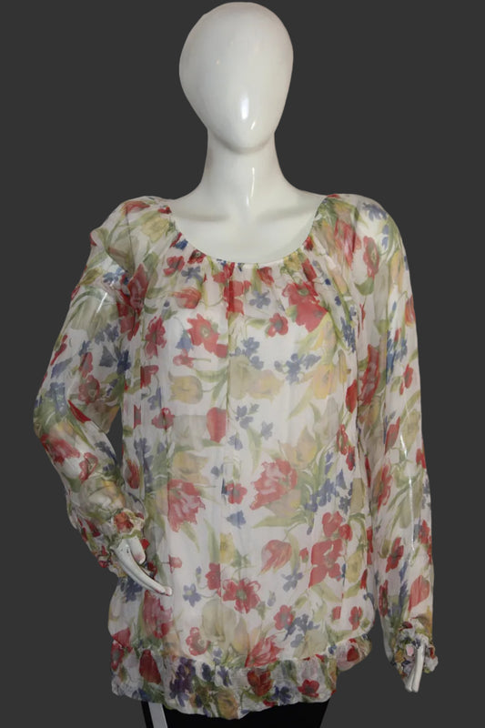 Guisy Pink Floral Silk Full Sleeve Blouse - Large