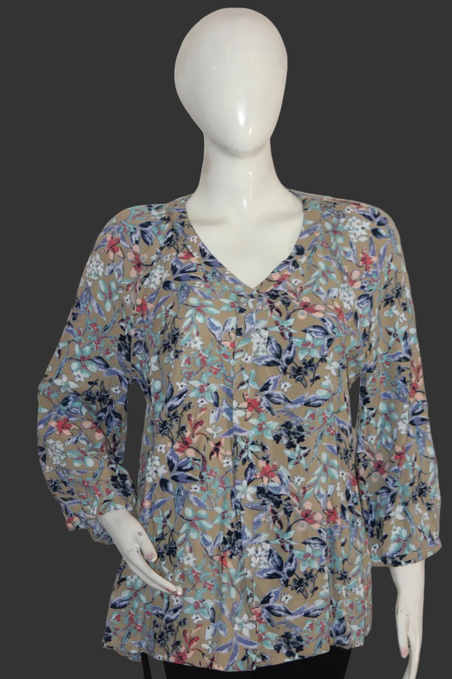 Maine Brown & Blue Floral Full Sleeve Blouse - Medium