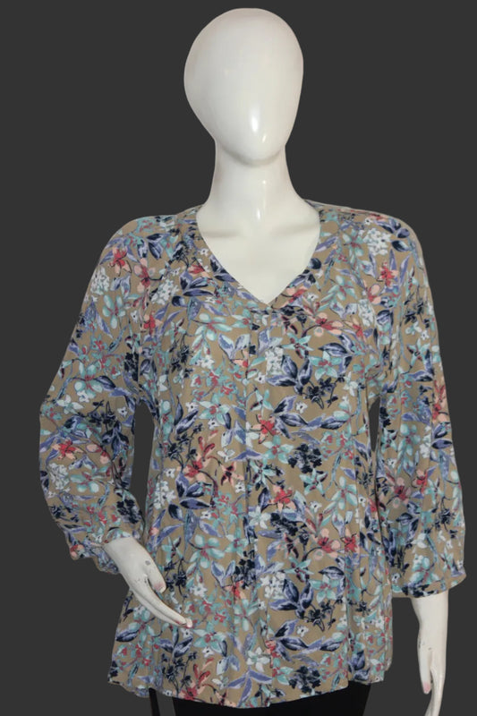 Maine Brown & Blue Floral Full Sleeve Blouse - Medium