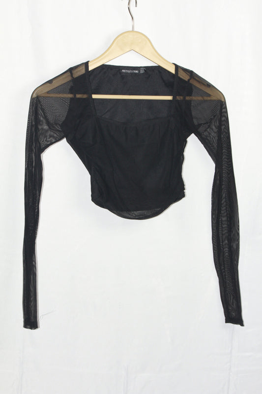 Pretty Little Things Black Netted Crop Top - Small