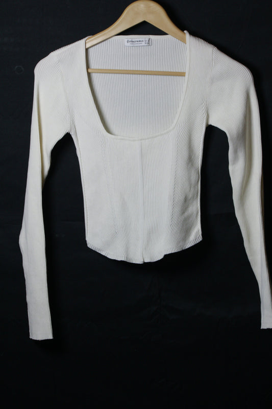 Stradivarius White Full Sleeve Crop Top - Small