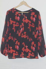 Scarlet Bloom: Black & Red Floral Blouse-Medium