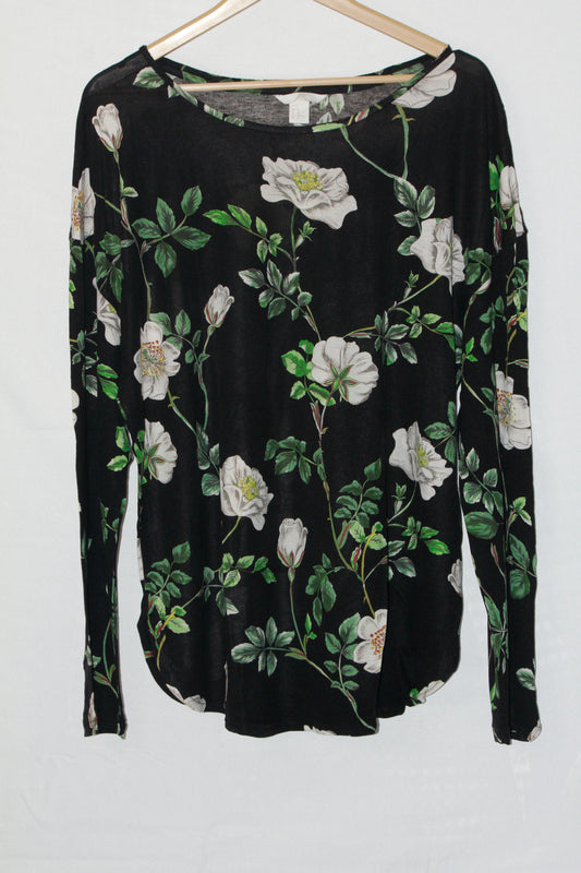 Midnight Bloom: Black & White Floral Blouse-XL