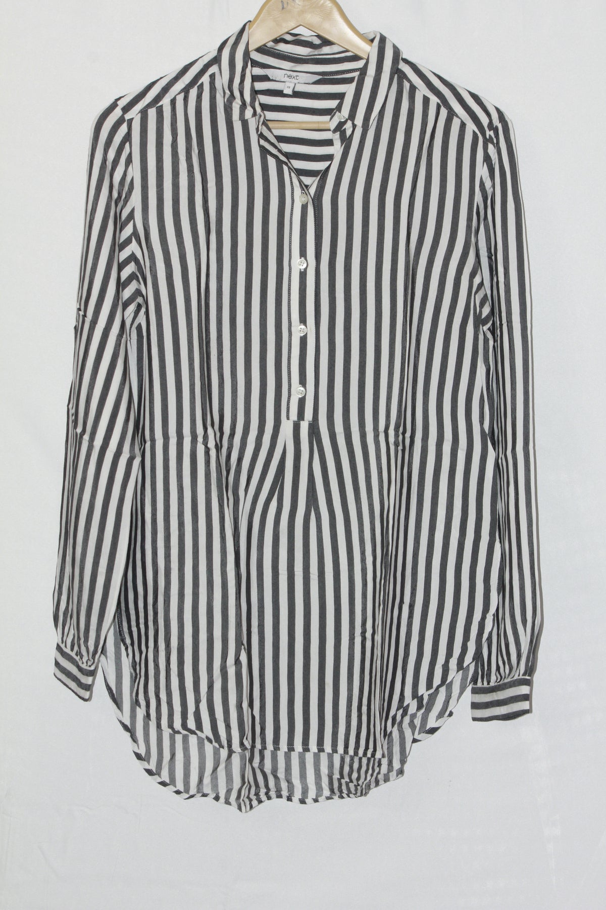 Timeless Stripes: White & Grey Full-Sleeve Blouse-Medium