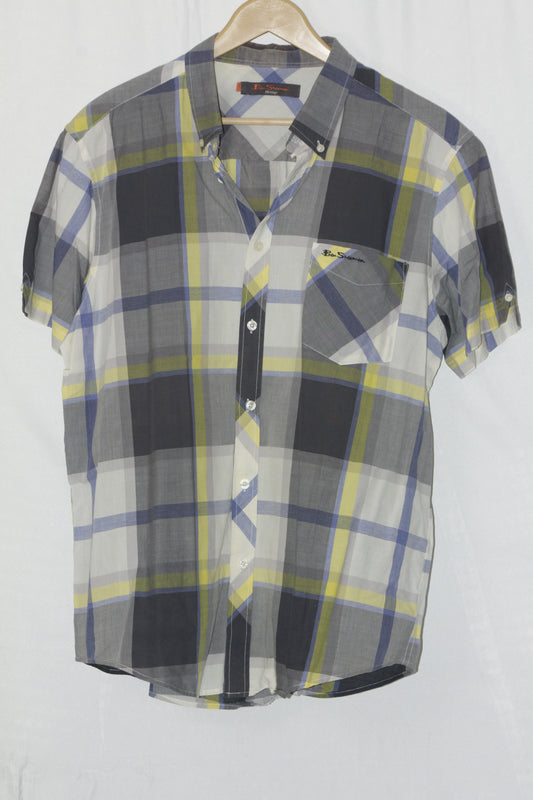 Ben Sherman Grey, White & Yellow Checkered Half Sleeve Button-Down Shirt