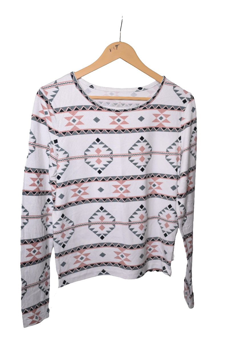 Primark White Sweatshirt with Green & Peach Design (Medium)